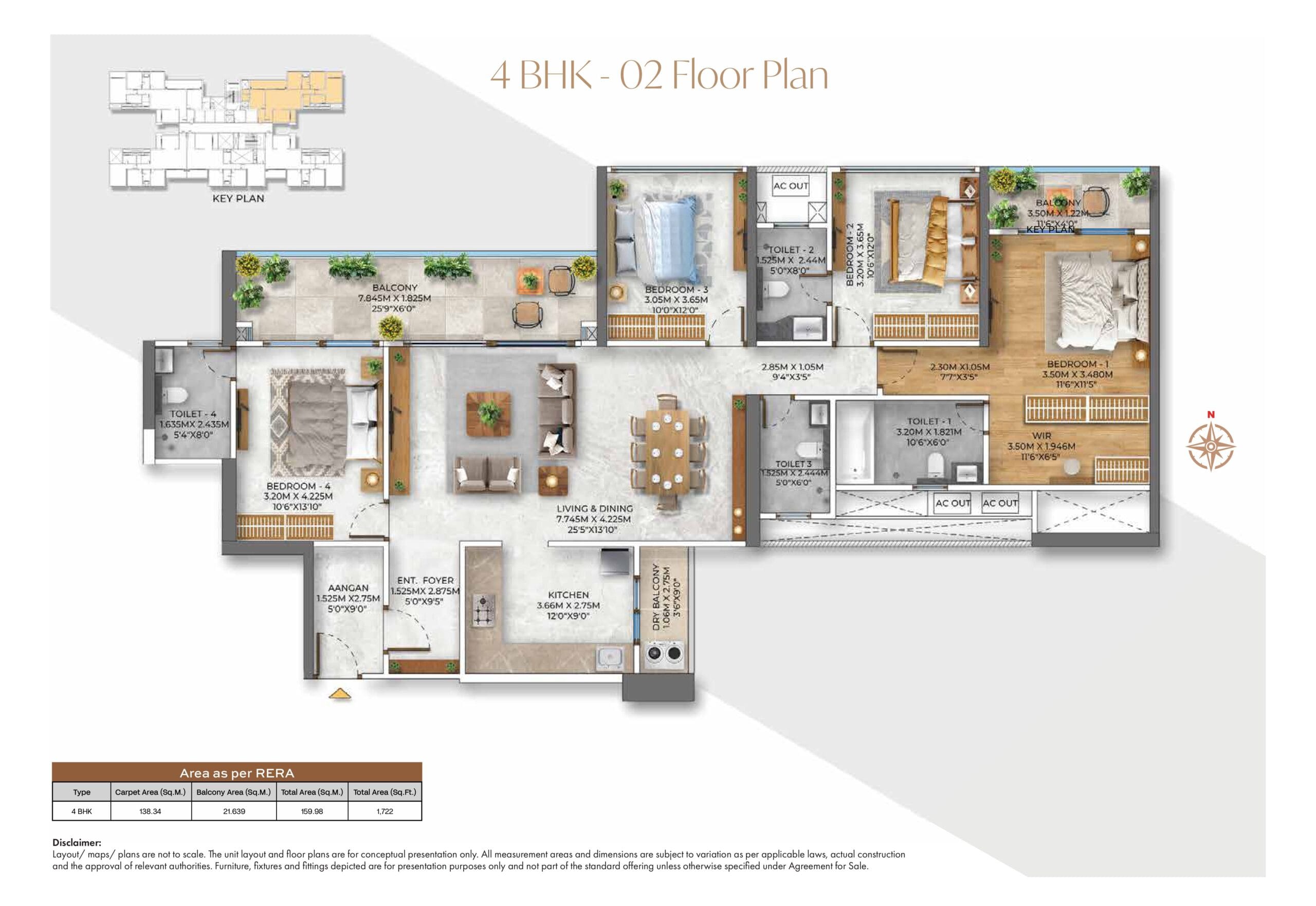 “4 BHK apartment floor plan at Kumar Prism Towers Hadapsar”