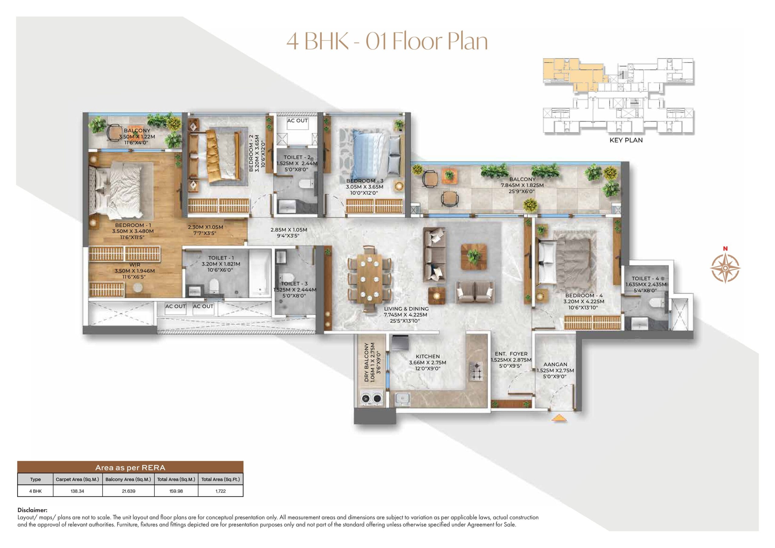“4 BHK apartment floor plan at Kumar Prism Towers Hadapsar”